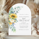 Invitation Fleurs de soleil rustiques et fleurs Roses 60e ann<br><div class="desc">Dans un style boho charmant, cette adorable invitation de fête d'anniversaire célèbre un jalon 60e anniversaire. L'âge peut être personnalisé pour n'importe quel âge ! Le design comprend un stock de carte en arc avec un bouquet insouciant de tournesols jaunes et de roses blanches avec des eucalyptus en cascade sur...</div>