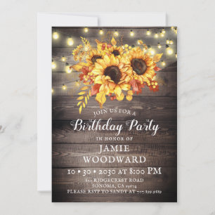 Invitation Fleurs de soleil rustiques Grange Bois fête d'anni