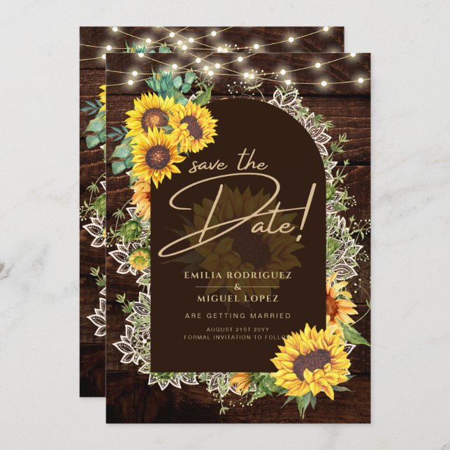 Invitation Fleurs de soleil rustiques Luminaires Arc Mariage  (Devant / Derrière)