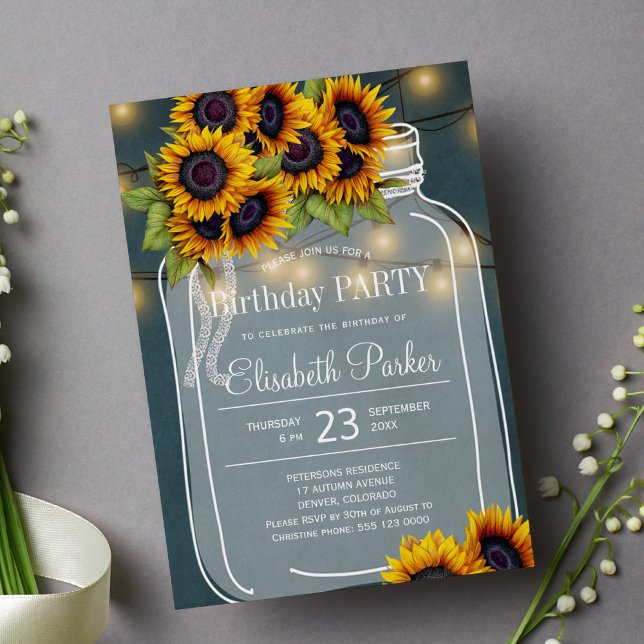 Invitation Fleurs de soleil rustiques mason jar fête d'annive (Créateur téléchargé)