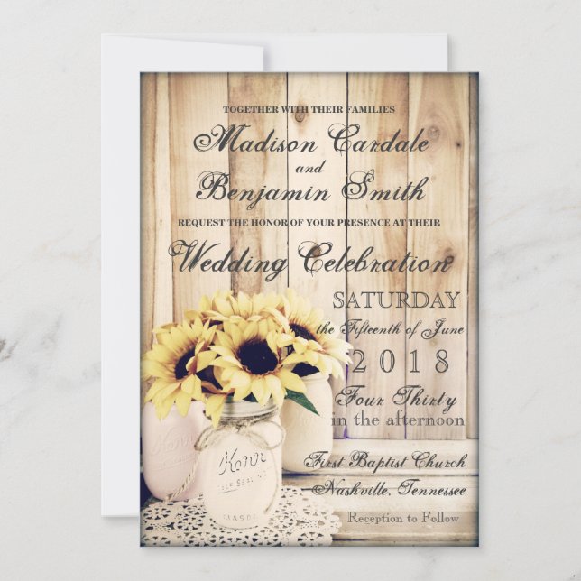 Invitation Fleurs de soleil rustiques Mason Jar Mariage Invit (Devant)