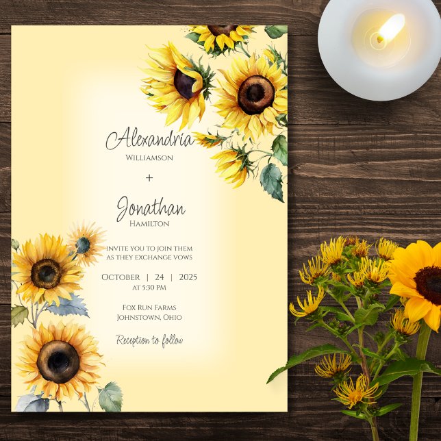 Invitation Fleurs de soleil rustiques sur Mariage or pâle déf (Créateur téléchargé)