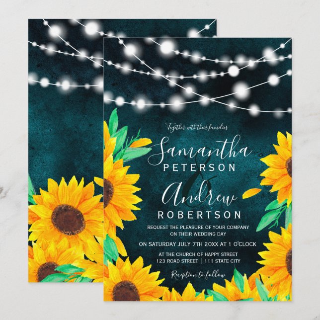 Invitation Fleurs de soleil turquoises à cordes rouges mariag (Devant / Derrière)