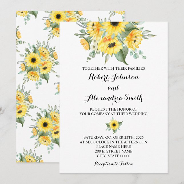 Invitation Fleurs de soleil Verdure Mariage Country Chic (Devant / Derrière)