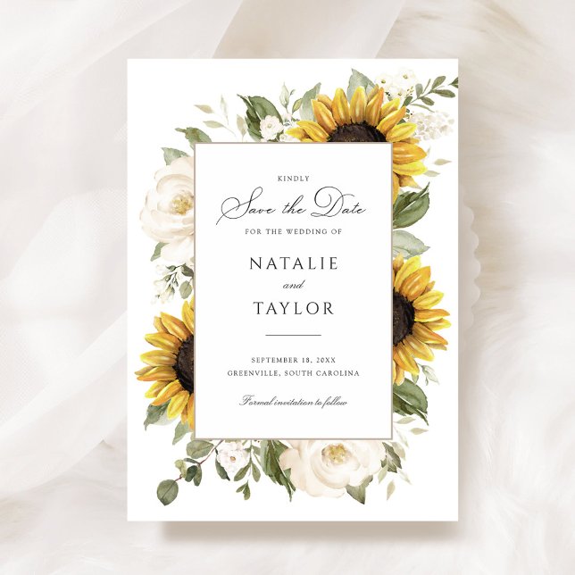 Invitation Fleurs de soleil Vert floral blanc Sauvez la date (Créateur téléchargé)