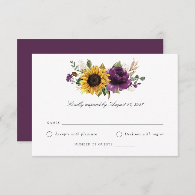 Invitation Fleurs de soleil Violet vert Mariage RSVP (Devant / Derrière)