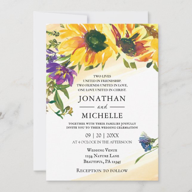 Invitation Fleurs de soleil vives Floral Mariage chrétien (Devant)