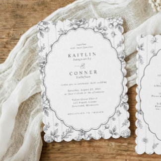 Invitation Fleurs de style victorien gris toile ovale mariage