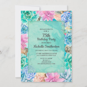 Invitation Fleurs de Succulentes Rose Bleu Vert 75e Anniversa