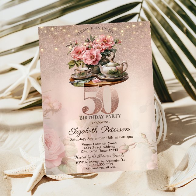 Invitation Fleurs de tasse de thé Paillettes Rose Doré 50e An (Créateur téléchargé)
