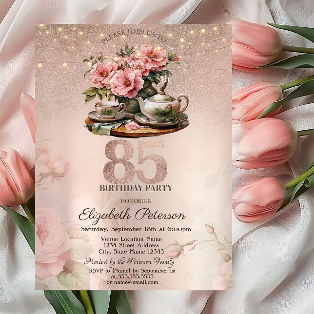 Invitation Fleurs de tasse de thé Paillettes Rose Gold 85e an (Créateur téléchargé)