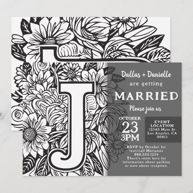 Invitation Fleurs de tatouage de monogramme noir et blanc J M (Devant / Derrière)