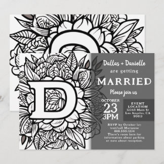 Invitation Fleurs de tatouage de monogramme noir et blanc Mar