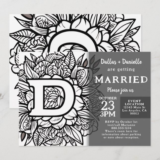 Invitation Fleurs de tatouage de monogramme noir et blanc Mar (Devant / Derrière)