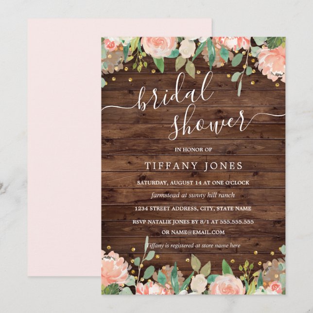 Invitation Fleurs de teint doré rustique Mariage (Devant / Derrière)
