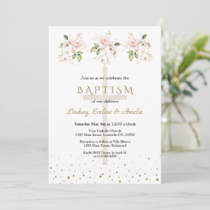 Invitation Fleurs de teint rose or Filles Triplées Baptême  