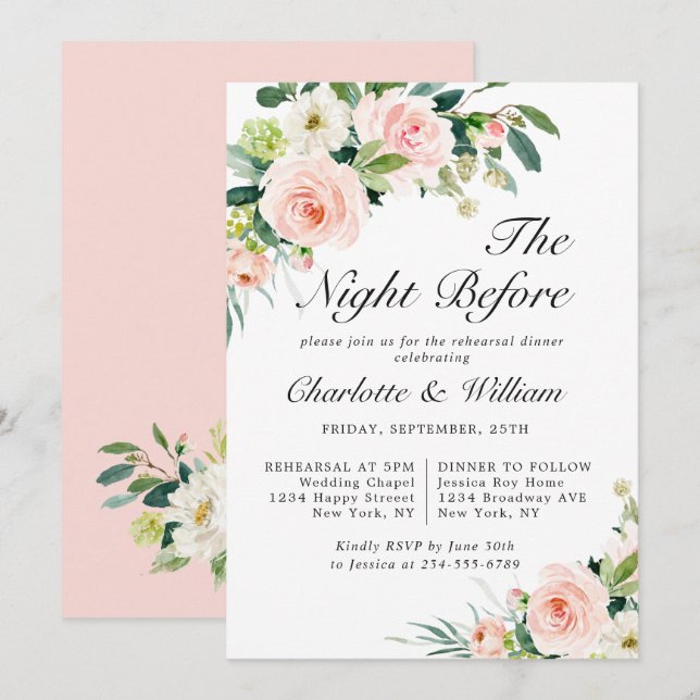 Invitation Fleurs de teint rose verdure DÎNER DE REHERSAL (Devant / Derrière)