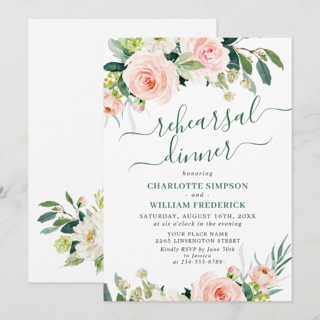 Invitation Fleurs de teint rose verdure DÎNER DE RÉPÉTITION (Devant / Derrière)