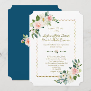Invitation Fleurs de teinte rose en aquarelle Or Mariage Bleu