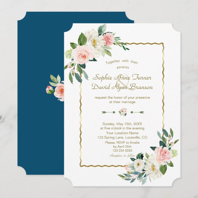 Invitation Fleurs de teinte rose en aquarelle Or Mariage Bleu (Devant / Derrière)
