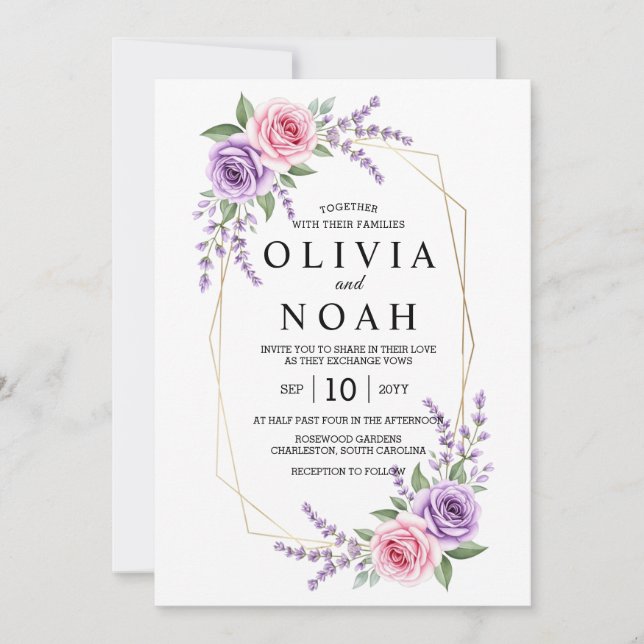 Invitation Fleurs de teintes de pourpre poussiéreux Mariage g (Devant)