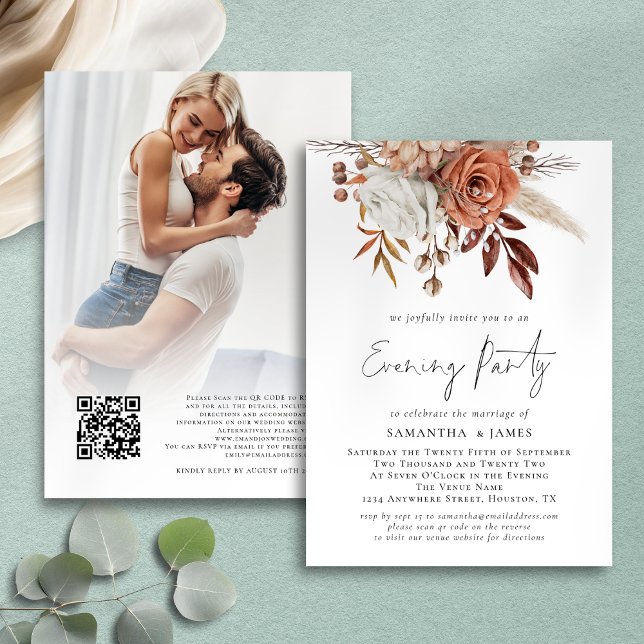 Invitation Fleurs de terre cuite Mariage photo Soirée (Front and back view)