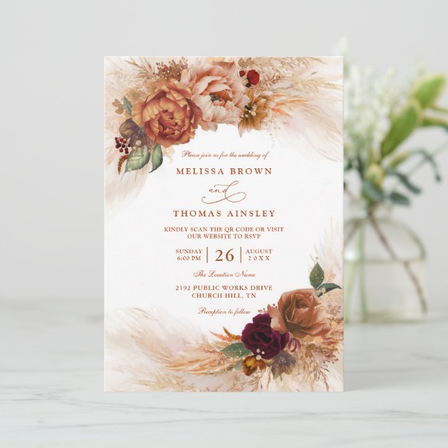 Invitation Fleurs de terre cuite oxydées Mariage Code QR (Debout devant)