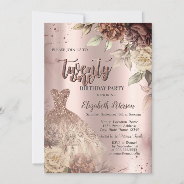 Invitation Fleurs de terre cuite Robe Verre à vin 21e anniver (Devant)