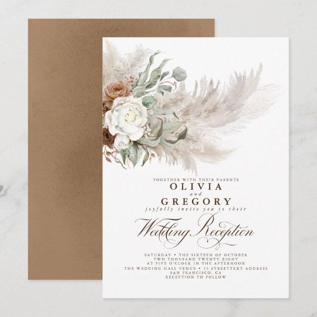 Invitation Fleurs de terre et Pampas Réception de mariage en  (Devant / Derrière)