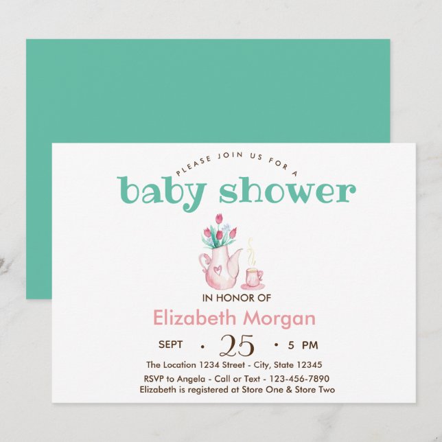 Invitation Fleurs de théière Baby Shower (Devant / Derrière)