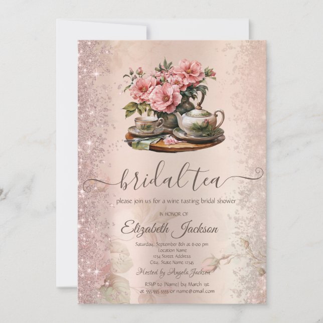 Invitation Fleurs de théière vintage scintillement  (Devant)