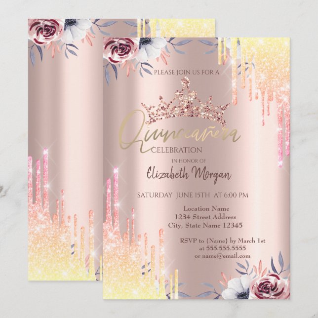 Invitation Fleurs de Tiara Rose Gold Quinceañera (Devant / Derrière)