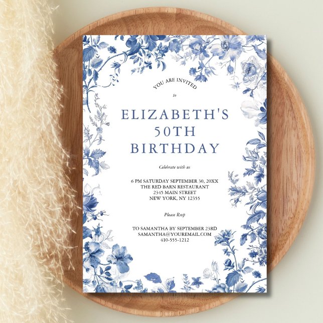 Invitation Fleurs de toile bleue et blanche aquarelle 50e ann (Blue White Floral Toile Watercolor Elegant 50th birthday invitation for her. Printed or Digital)