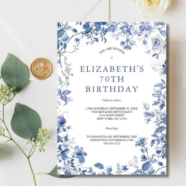 Invitation Fleurs de toile bleue et blanche pour un 70e anniv (Blue White Floral Toile Elegant 70th Birthday party invitation for her. Printed or Digital Download)