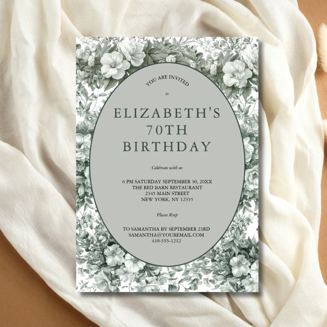 Invitation Fleurs de toile verte et blanche pour 70e annivers (Elegant Green Toile Floral 70th Birthday party invitation. Printed or Instant digital download)