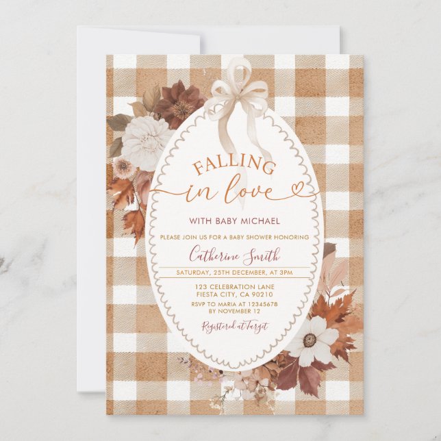 Invitation Fleurs de Tomber amoureux Baby shower Gingham (Devant)