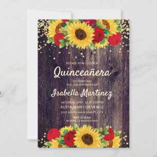 Invitation Fleurs de tournesol Bois rustique Roses rouges Qui