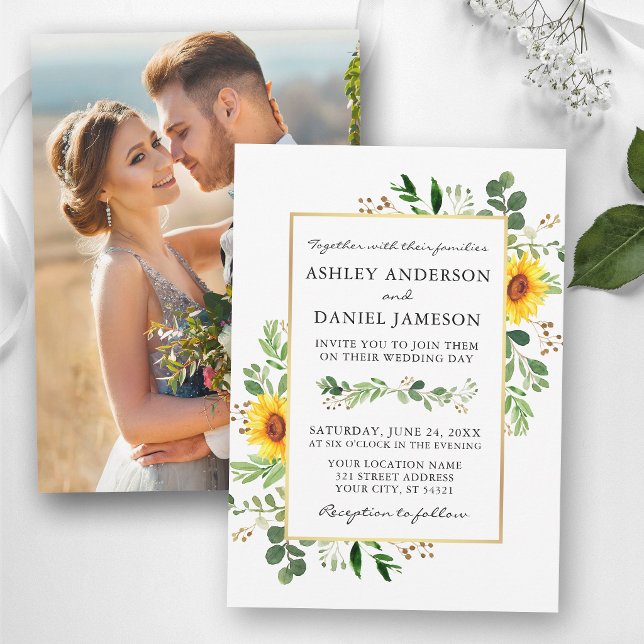 Invitation Fleurs de tournesol de verdure à l'aquarelle Photo (Customize to change text size or text style.)