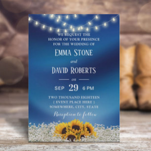 Invitation Fleurs de tournesol et lampes à cordes Mariage ble