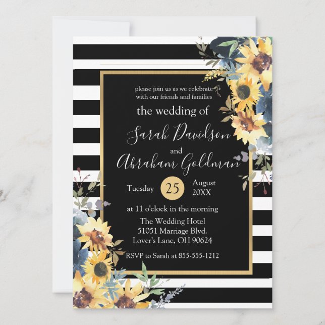 Invitation Fleurs de tournesols à rayures noires et blanches  (Devant)