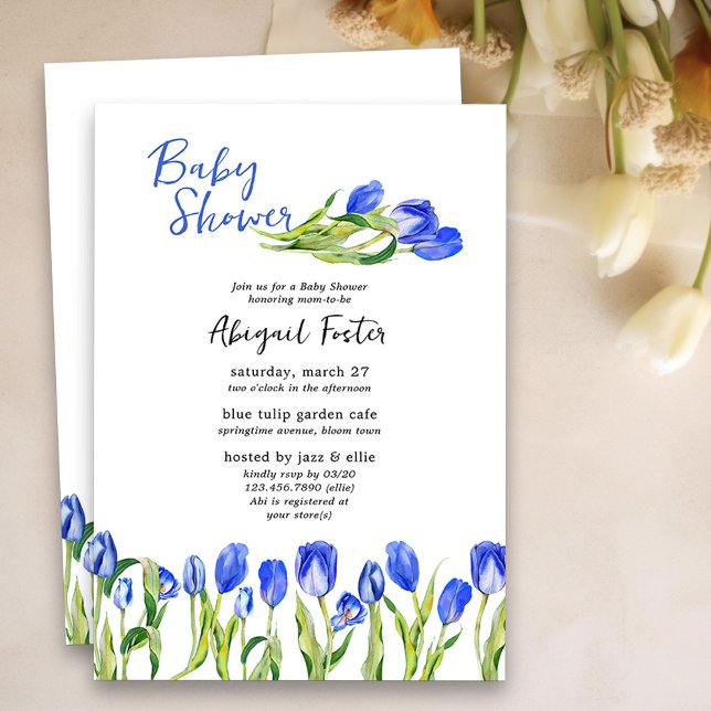 Invitation Fleurs de Tulipe de printemps Baby shower Floral b (Spring Baby Shower Invitation with blue tulips)