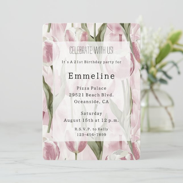 Invitation Fleurs de tulipe rose chic Anniversaire (Debout devant)