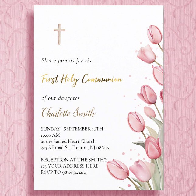 Invitation fleurs de tulipe rose | Première fille communion (Créateur téléchargé)