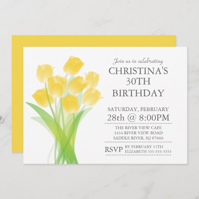 Invitation Fleurs de tulipe typographique moderne fête d'anni (Devant / Derrière)