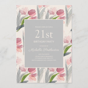 Invitation Fleurs de Tulipes Aquarelle Rose Pâle 21e Annivers
