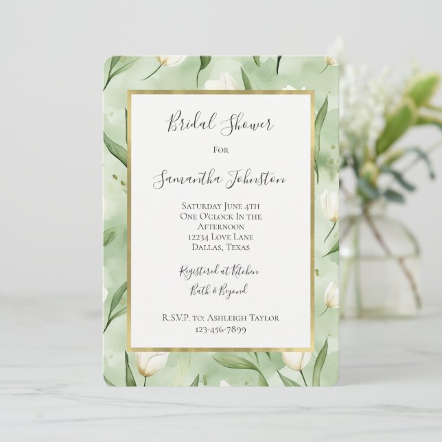 Invitation Fleurs de tulipes blanches vertes jolies pour la d (Debout devant)