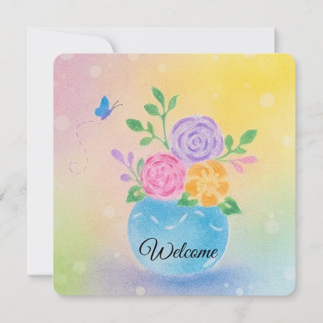 Invitation Fleurs de vase pastel Papillon Art (Devant)