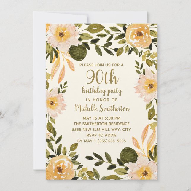 Invitation Fleurs de verdure à la crème jaune 90e anniversair (Devant)