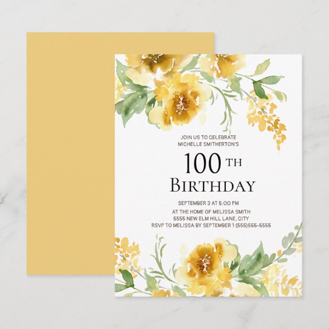 Invitation Fleurs de verdure aquarelle jaune 100e anniversair (Devant / Derrière)