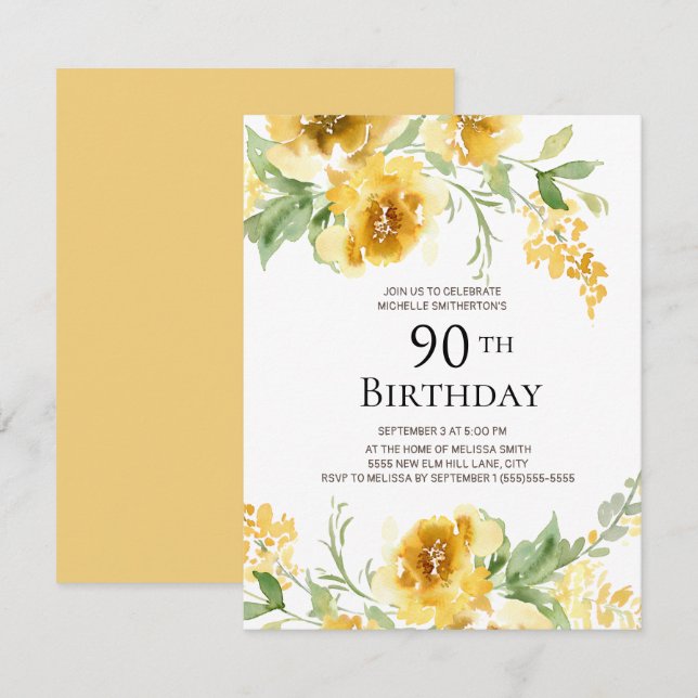 Invitation Fleurs de verdure aquarelle jaune 90e anniversaire (Devant / Derrière)